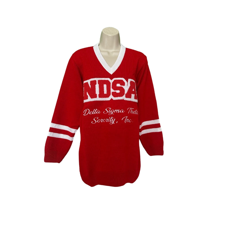 NDSA Delta Sigma Theta v-neck sweater front view chenille letters
embroidered detail
red sweater with white trim